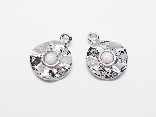 [P1055]2pcs/Hammered Coin Opal charm/Brass/Rhodium/10.2mm