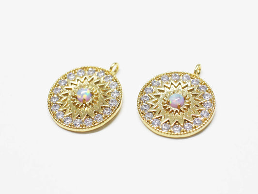 [P1093]/2pcs/Cubic Opal Circle Pendant/Brass/Gold/15.5mm