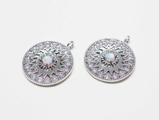 [P1093]/2pcs/Cubic Opal Circle Pendant/Brass/Rhodium/15.5mm