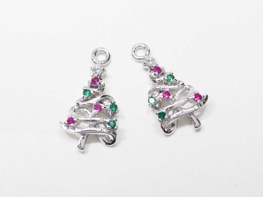 [P1104]/2pcs/Christmas Tree Charm/Brass/Rhodium/15x8mm