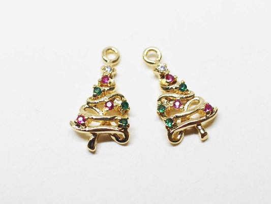 [P1104]/2pcs/Christmas Tree Charm/Brass/Gold/15x8mm