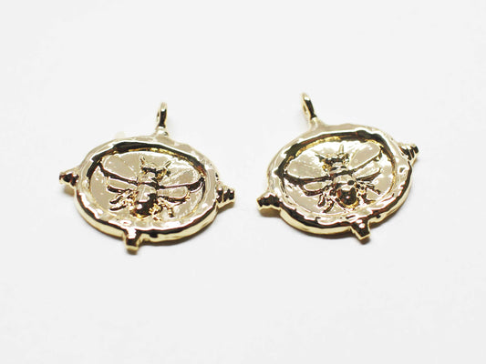 [P1120]/2pcs/Vintage Bee Charm/Brass/Gold/17.7x17.6mm