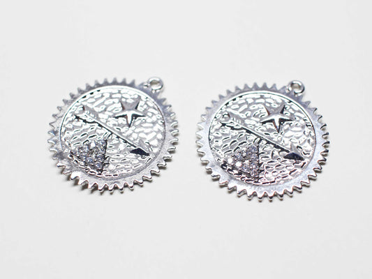 [P1123]/2pcs/Coin Star and Triangle Pendant/Brass/Rhodium/22.5mm