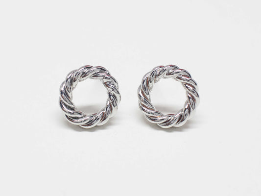 [E0411]/1 pair/Ribbon Circle Earrings/ Brass/Rhodium plated/12mm