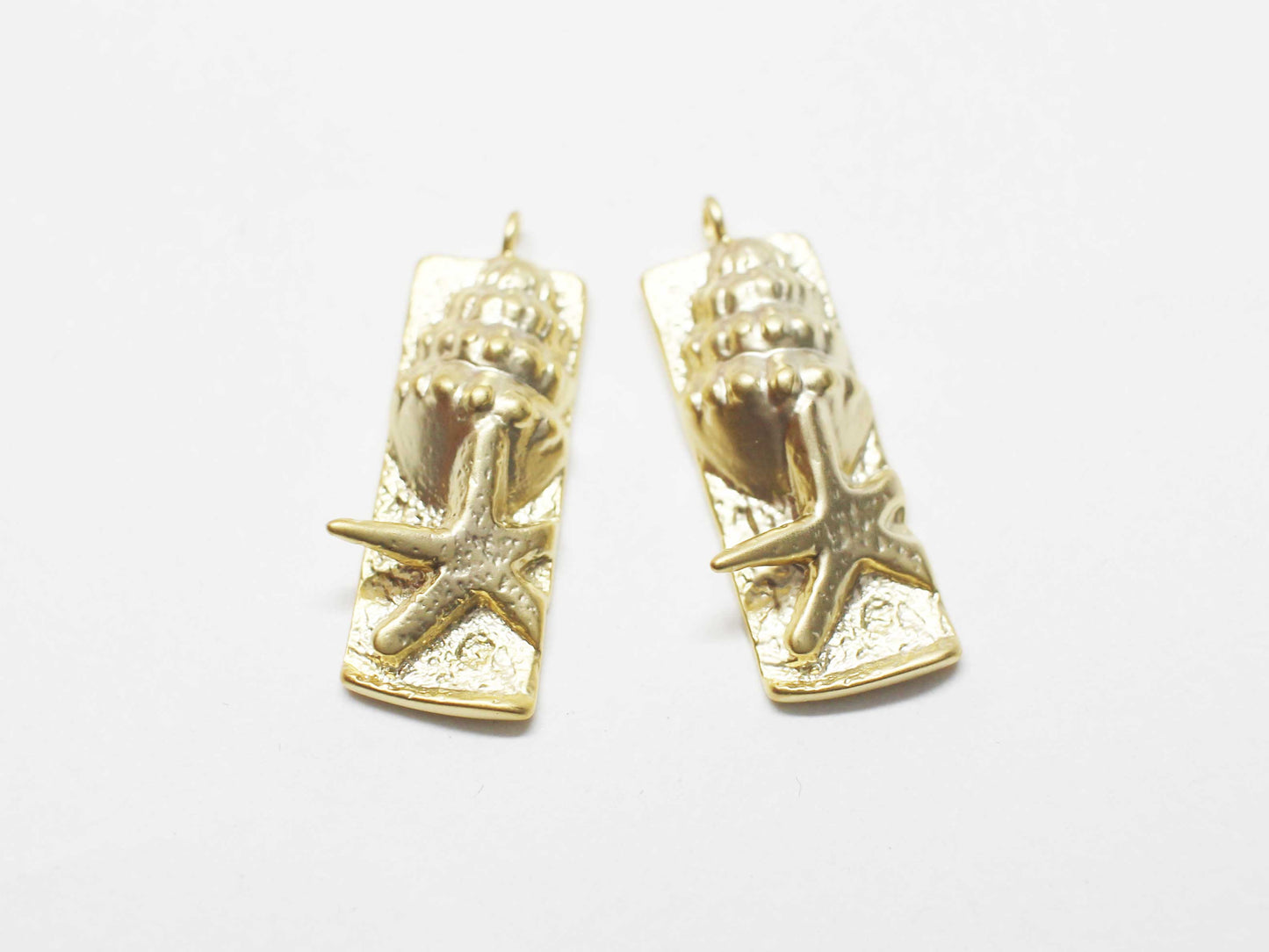 [P1136]/2pcs/Star Fish and Conch charm/Brass/Matte Gold/26x9.5mm