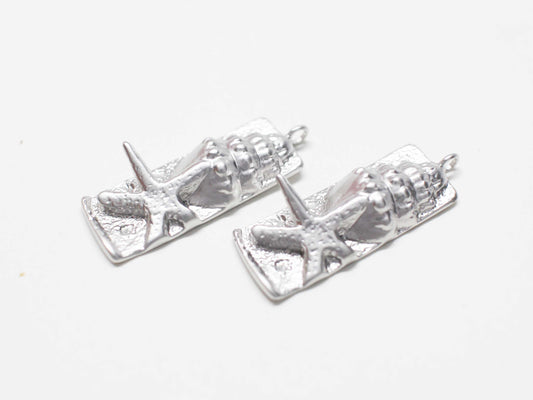 [P1136]/2pcs/Star Fish and Conch charm/Brass/Matte Rhodium/26x9.5mm