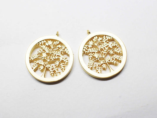 [P1158]/2pcs/Tree in Circle Charm/Brass/Matte Gold/18mm