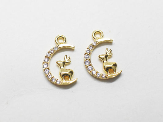 [P1160]/2pcs/Rudolph on Crescent charm/Brass/Gold/12x8mm