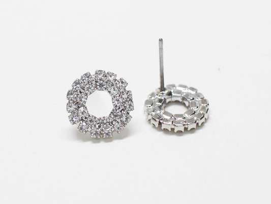 [E0424/1 pair/Circle Rhinestone Earrings/ Brass/Rhodium plated/11mm