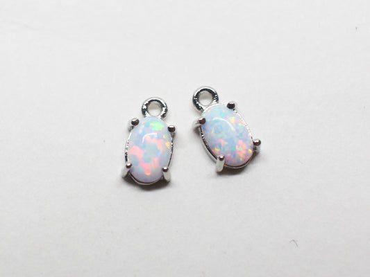 [P1024-2]2pcs/Oval Opal Pendant/Brass /Rhodium/8.5x4mm