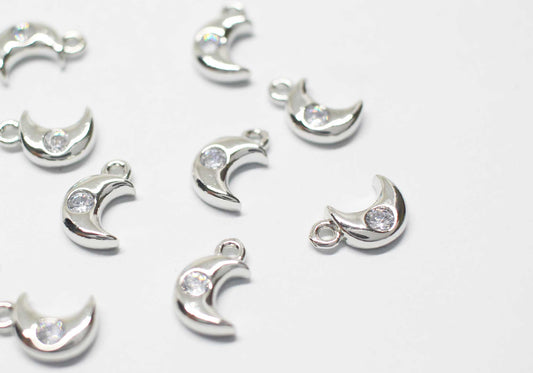 [P1174]2pcs/Mini Cubic Crescent Charm/Brass/Rhodium/10.4x6.7mm