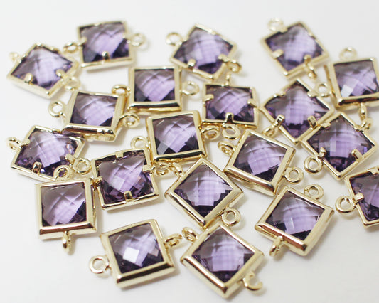 [G0024]2pcs/Square faceted glass Connector/Brass/Gold/7x11mm