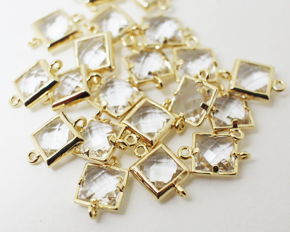 [G0024]2pcs/Square faceted glass Connector/Brass/Gold/7x11mm
