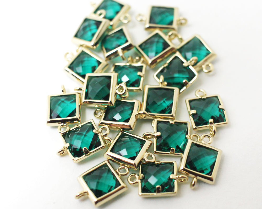 [G0024]2pcs/Square faceted glass Connector/Brass/Gold/7x11mm