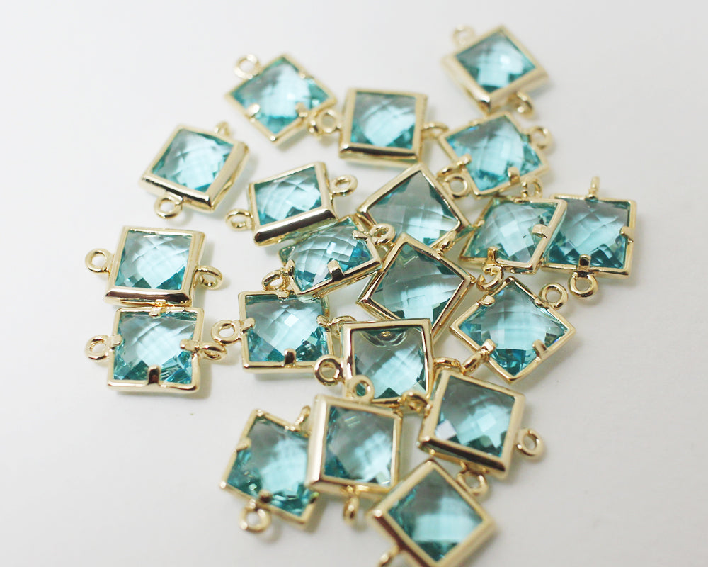 [G0024]2pcs/Square faceted glass Connector/Brass/Gold/7x11mm