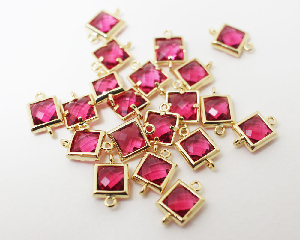 [G0024]2pcs/Square faceted glass Connector/Brass/Gold/7x11mm