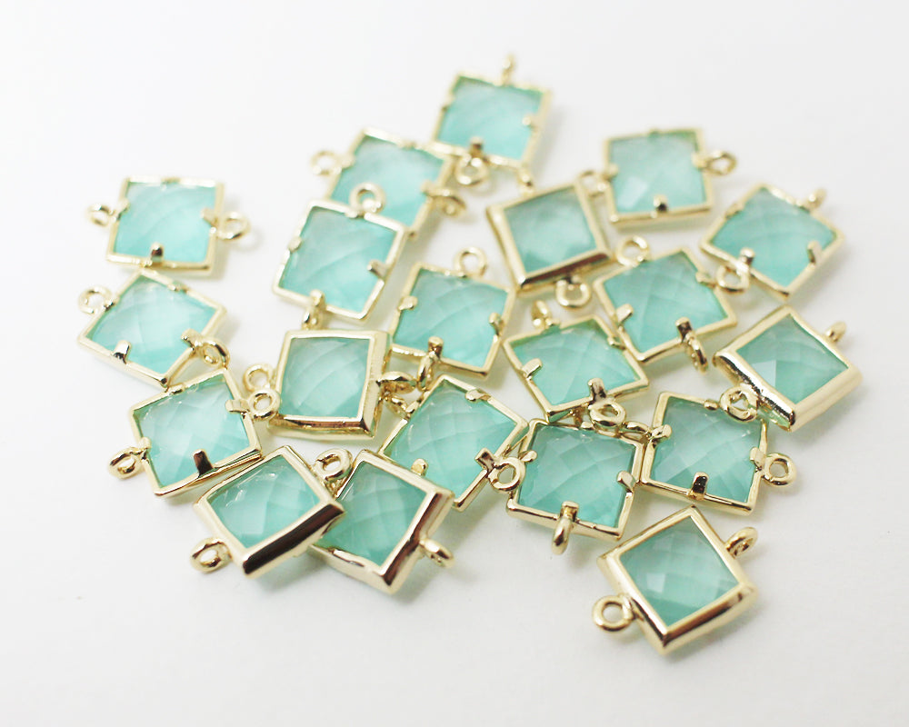 [G0024]2pcs/Square faceted glass Connector/Brass/Gold/7x11mm