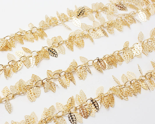 [N0021]/ 1m /Leaves Charm Chain/Brass/Gold plated/9X5mm,5mm Leaf