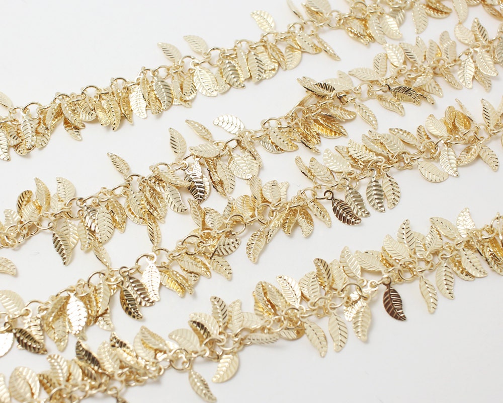 [N0025]/ 1m /Solid Leaves Charm Chain/Brass/Gold plated/4X9mm