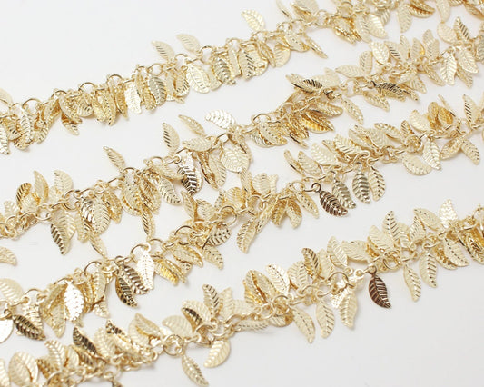 [N0025]/ 1m /Solid Leaves Charm Chain/Brass/Gold plated/4X9mm